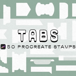 Puede incluir: Sellos de arte digital para Procreate. La imagen presenta varias formas de pestañas blancas sobre un fondo verde claro. La palabra "TABS" está en negrita, con letras delineadas. Debajo, se lee "50 PROCREATE STAMPS".