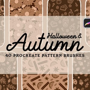 Può includere: Una collezione digitale di 40 pennelli per motivi Procreate con temi di Halloween e autunnali. Il display mostra vari motivi nei toni del marrone, tra cui girasoli, zucche, foglie, ghiande, bastoncini di cannella e dolcetti stagionali.