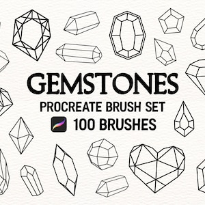 Puede incluir: Ilustraciones en blanco y negro de varias piedras preciosas, incluyendo diamantes y cortes esmeralda. El texto "GEMSTONES PROCREATE BRUSH SET 100 BRUSHES" se muestra debajo.