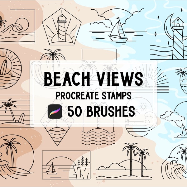 Beach Views Icon & badge Procreate Stamp brush Set