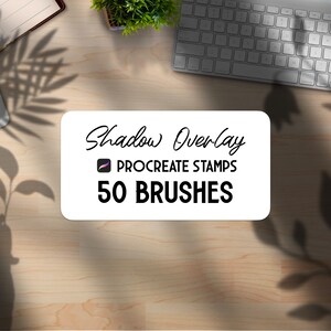 May include: White rectangle with the text "Shadow Overlay" in black cursive font. Below the text is a Procreate icon and the text "Procreate Stamps" in black. Below that is the text "50 Brushes" in black.