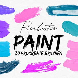May include: 30 Procreate brushes for digital art, featuring realistic paint strokes in various colours, including blue, pink, purple, and teal.