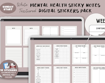 May include: A digital sticker pack for mental health journaling. The pack includes 18 stickers with various designs, including weekly self-care checklists, mood trackers, habit trackers, and gratitude journals. The stickers are white with black text and lines, and have a textured look.