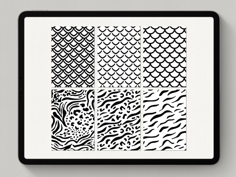 May include: Six black and white digital illustrations of different patterns. The top row features three variations of a fish scale pattern. The bottom row features three variations of animal print patterns, including zebra, leopard, and tiger.