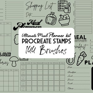 May include: A digital planner kit for Procreate with 144 brushes. The kit includes meal planner templates, shopping lists, and food icons. The text "Ultimate Meal Planner kit PROCREATE STAMPS 144 Brushes" is displayed in a white box.