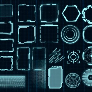 K&ouml;nnte beinhalten: Ein Satz von 16 blauen leuchtenden digitalen Interface-Elementen, darunter Rahmen, Kreise, Ziele und ein Raster. Diese Elemente sind perfekt f&uuml;r die Erstellung futuristischer oder Science-Fiction-Designs.