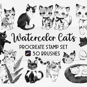 May include: A set of 30 watercolor cat illustrations for Procreate. The illustrations feature cats in various poses, including sleeping, sitting, and standing. The illustrations are in black and white and have a watercolor style.