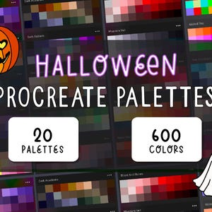 Könnte beinhalten: Ein digitales Kunstprodukt mit Halloween-Themen-Procreate-Paletten. Das Bild zeigt einen Kürbis, einen Geist und den Text "HALLOWEEN PROCREATE PALETTES". Es bietet 20 Paletten mit 600 Farben.