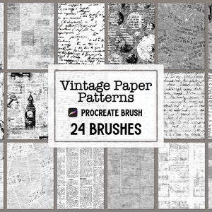 24 set di pennelli Procreate con motivo cartaceo vintage - Giornale, Scrittura a mano, Calligrafia, Monocromatico, Album di ritagli, Carta per diario