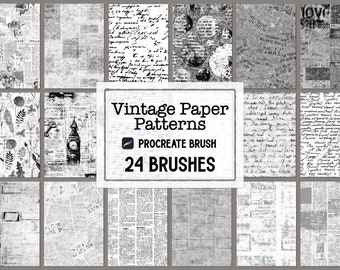 24 Vintage Paper Pattern Procreate brush Set - Newspaper, Handwriting, Calligraphy, Monochrome, Scrapbook, Journal Paper