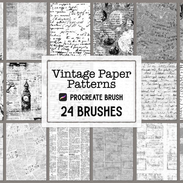 24 Vintage Paper Pattern Procreate brush Set - Newspaper, Handwriting, Calligraphy, Monochrome, Scrapbook, Journal Paper