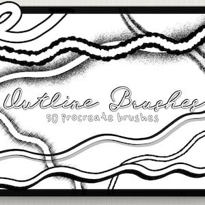 May include: A black and white digital illustration of a tablet screen displaying the text "Outline Brushes 50 Procreate brushes". The background of the screen features a series of black and white wavy lines.
