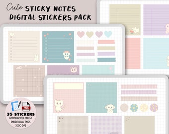 May include: A digital sticker pack of 35 cute sticky notes featuring pastel colors, grid patterns, and illustrations of animals. The pack includes a Goodnotes file and individual PNGs at 300 DPI.