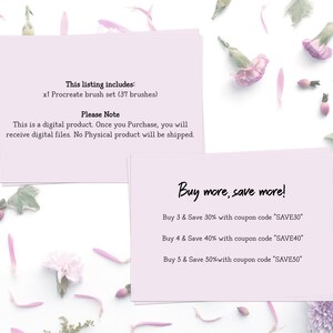 May include: A pink and white card with the text "This listing includes: x1 Procreate brush set (37 brushes)" and "Please Note: This is a digital product. Once you Purchase, you will receive digital files. No Physical product will be shipped."  A second pink and white card with the text "Buy more, save more!" and "Buy 3 & Save 30% with coupon code 'SAVE30' Buy 4 & Save 40% with coupon code 'SAVE40' Buy 5 & Save 50% with coupon code 'SAVE50'"