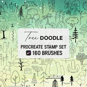 Op de afbeelding: Een digitale Procreate stempelset met 160 boom doodle penselen. De afbeelding toont verschillende handgetekende boom illustraties in zwart tegen een gradiënt groene en witte achtergrond. Bevat diverse boomsoorten, boomstronken en landschapselementen.