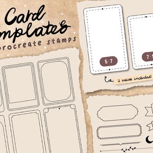以下が含まれることがあります： Procreate用デジタルカードテンプレート100スタンプセット。画像には、様々な長方形のカード枠、装飾フレーム、バナー、月や星などの天体シンボルが描かれています。テキスト：Card Templates, 100 procreate stamps, 5:7, 7:12, 2 ratios included。