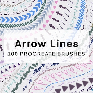 Puede incluir: Gráfico de arte digital con varios diseños de flechas en tonos azules, verdes, rosas y grises. El texto "Arrow Lines" y "100 Procreate Brushes" se muestra sobre un fondo blanco. Un icono de la aplicación Procreate está en la esquina superior derecha.