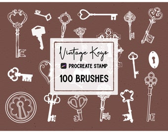 May include: A set of 100 vintage key Procreate brushes. The image shows a variety of keys in different styles, including ornate, simple, and heart-shaped keys. The text "Vintage Keys" and "100 Brushes" is visible in the image.