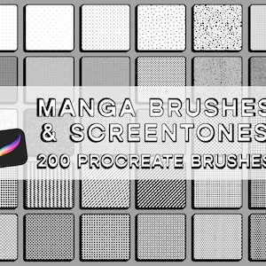 Può includere: Un set di 200 pennelli Procreate per manga e screentones. L'immagine mostra una varietà di motivi in bianco e nero, tra cui punti, linee e quadrati.