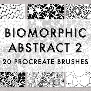 May include: A digital collection of 20 Procreate brushes titled BIOMORPHIC ABSTRACT 2. The image displays six square panels featuring black and white patterns, including wavy lines, star-like shapes, circular clusters, and geometric cellular structures.