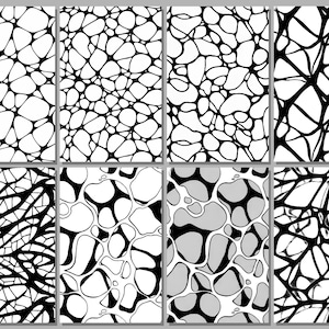 May include: Eight rectangular panels with abstract black and white designs. The patterns vary, featuring interconnected lines and organic shapes resembling cells or networks. Some panels have gray backgrounds.