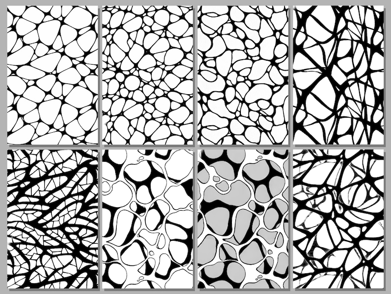 May include: Eight rectangular panels with abstract black and white designs. The patterns vary, featuring interconnected lines and organic shapes resembling cells or networks. Some panels have gray backgrounds.