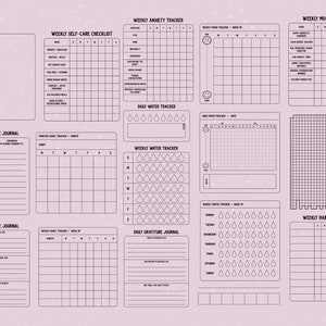 May include: A printable planner with a pink background and black text. The planner includes sections for tracking mood, anxiety, water intake, habits, and gratitude. The planner also includes a section for tracking monthly habits and a yearly mood tracker.