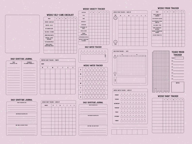 May include: A printable planner with a pink background and black text. The planner includes sections for tracking mood, anxiety, water intake, habits, and gratitude. The planner also includes a section for tracking monthly habits and a yearly mood tracker.