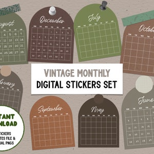 Boho Vintage Monthly Digital Stickers Set - Sticky notes, washi tapes, Goodnotes file, individual PNG