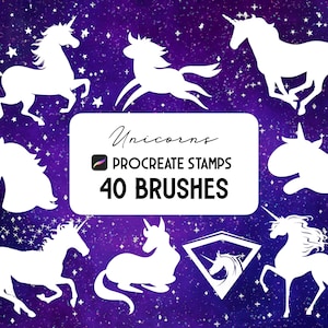 May include: A set of 40 Procreate stamps featuring white unicorn silhouettes against a purple galaxy background with white stars. The text "Unicorns" and "40 Brushes" is displayed in a white rectangle.