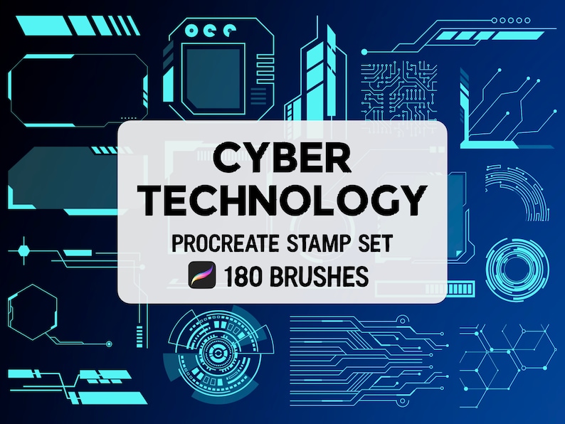 May include: A set of 180 Procreate stamps featuring a blue and white cyberpunk design. The stamps include various shapes, lines, and circles, as well as a cityscape and circuit board patterns. The text "CYBER TECHNOLOGY PROCREATE STAMP SET 180 BRUSHES" is displayed on a white rectangle.