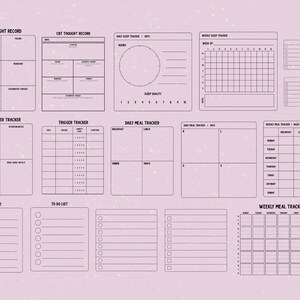 May include: A printable set of black and white planner pages with a light pink background. The pages include sections for tracking thoughts, triggers, sleep, meals, and to-do lists.