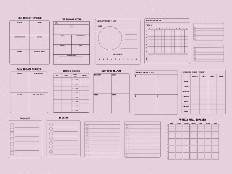 May include: A printable set of black and white planner pages with a light pink background. The pages include sections for tracking thoughts, triggers, sleep, meals, and to-do lists.