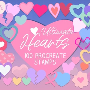 Op de afbeelding: Een verzameling van 100 hartvormige stempels voor Procreate, met een verscheidenheid aan kleuren, stijlen en ontwerpen. De stempels zijn perfect om een ​​toets van liefde toe te voegen aan je digitale kunst.