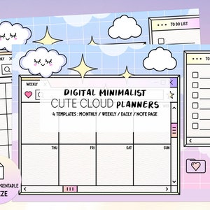 Puede incluir: Un planificador digital con cuatro plantillas: mensual, semanal, diario y página de notas. El planificador presenta un diseño lindo en forma de nube con un esquema de color azul pastel y rosa. El texto "Digital Minimalist Cute Cloud Planners" se muestra en la pantalla.