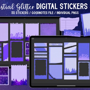 May include: A digital sticker set with 33 stickers featuring a celestial glitter theme. The stickers are displayed on a digital tablet screen and include various designs such as stars, moons, clouds, and floral patterns. The stickers are in shades of purple and blue.