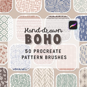 May include: A digital collection of 50 Procreate pattern brushes featuring hand-drawn designs. The display shows various square swatches with geometric, floral, and leaf motifs in muted tones of blue, green, brown, and cream, with the text Hand-drawn BOHO 50 PROCREATE PATTERN BRUSHES.