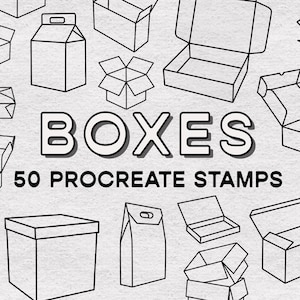May include: Black and white line art illustration featuring various box designs. The word "BOXES" is prominently displayed, along with "50 PROCREATE STAMPS". The image showcases a collection of different box styles.