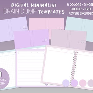 Puede incluir: Plantillas de volcado de cerebro minimalistas digitales en cinco colores con tres opciones de notas. Se incluyen cubiertas gratuitas. Las plantillas están optimizadas para Goodnotes.
