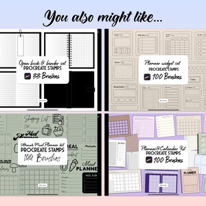 May include: Four digital planner designs for Procreate. The designs include a planner widget set, an open book and binder set, a meal planner kit, and a planner and calendar kit. Each design features a different color scheme and includes a variety of templates and layouts.