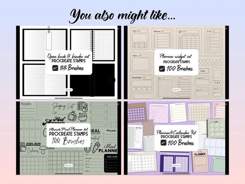 May include: Four digital planner designs for Procreate. The designs include a planner widget set, an open book and binder set, a meal planner kit, and a planner and calendar kit. Each design features a different color scheme and includes a variety of templates and layouts.