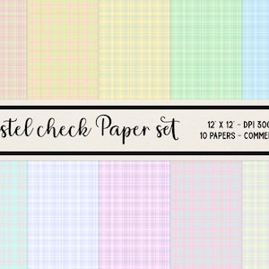 Puede incluir: Conjunto de 10 patrones de papel digital con diseños de cuadros pastel. Cada patrón mide 30,5 cm por 30,5 cm y 300 DPI. Los patrones son de varios colores pastel, incluyendo rosa, azul, amarillo y verde.  "Pastel Check Paper Set" está escrito en la parte superior de la imagen.  10 papeles - Uso comercial.