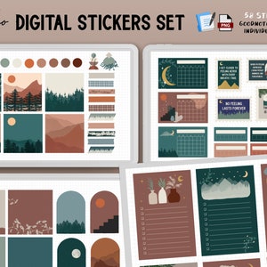 Boho Digital Stickers Set - Sticky notes, washi tapes, Goodnotes file, individual PNG