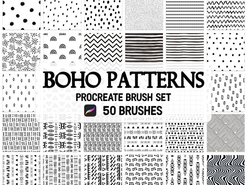 50 Seamless Boho Pattern Procreate brush Set image 1