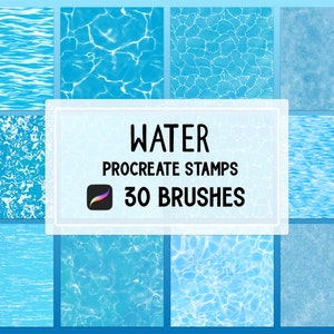 Puede incluir: Un conjunto de 30 sellos y pinceles de Procreate que presentan varias texturas de agua. Las texturas incluyen agua ondulada, olas y un efecto de hielo agrietado. El texto "WATER PROCREATE STAMPS 30 BRUSHES" se muestra en un rectángulo blanco.