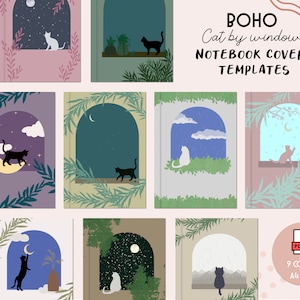 May include: Nine printable notebook covers featuring a cat silhouette in a window with a moon and stars. The covers are in a boho style with a soft color palette and leafy accents. The text "BOHO Cat by window NOTEBOOK COVERS TEMPLATES" is at the top of the image. The text "9 COVERS A4 SIZE" is at the bottom of the image.