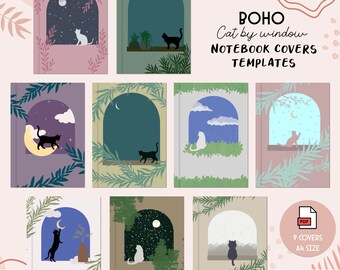 Boho Cat by Window Digital Notebook Covers - PDF, Goodnotes, printable