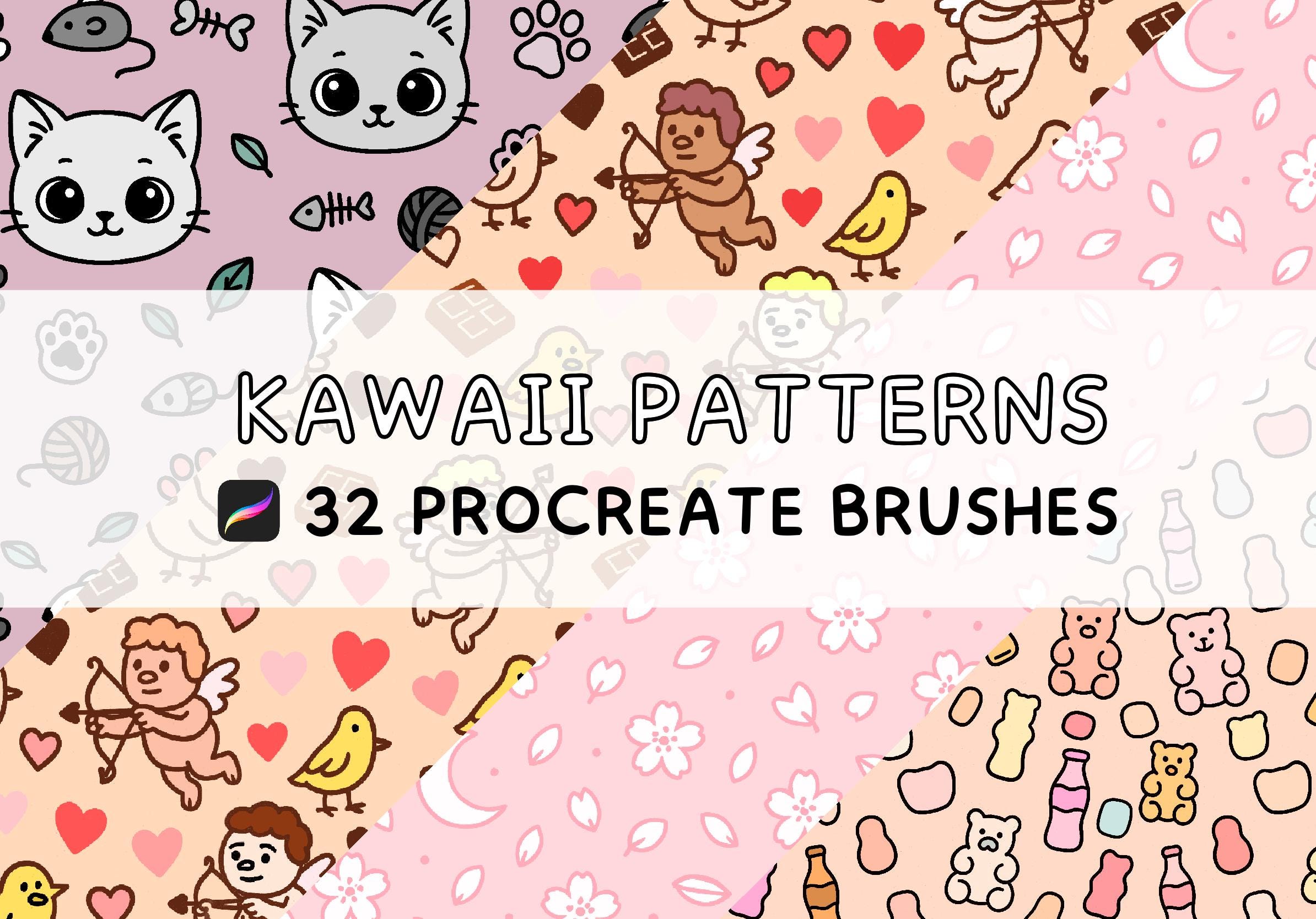 Kawaii Cute Pattern Brushes for Procreate â 32 HandâDrawn Seamless Stamps