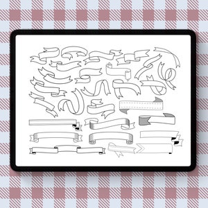 May include: A digital tablet screen displaying a set of 25 hand-drawn black and white ribbon banners. The ribbons are in various shapes and sizes, with some having a dotted line pattern.