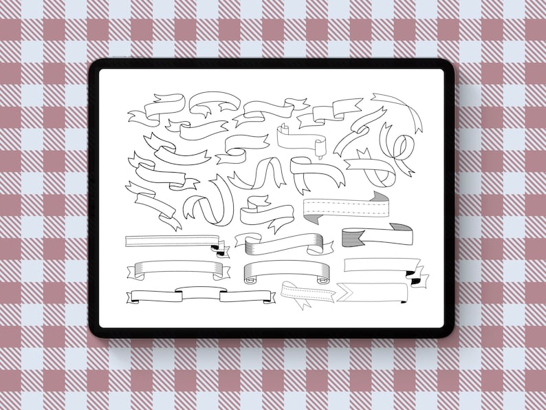 May include: A digital tablet screen displaying a set of 25 hand-drawn black and white ribbon banners. The ribbons are in various shapes and sizes, with some having a dotted line pattern.